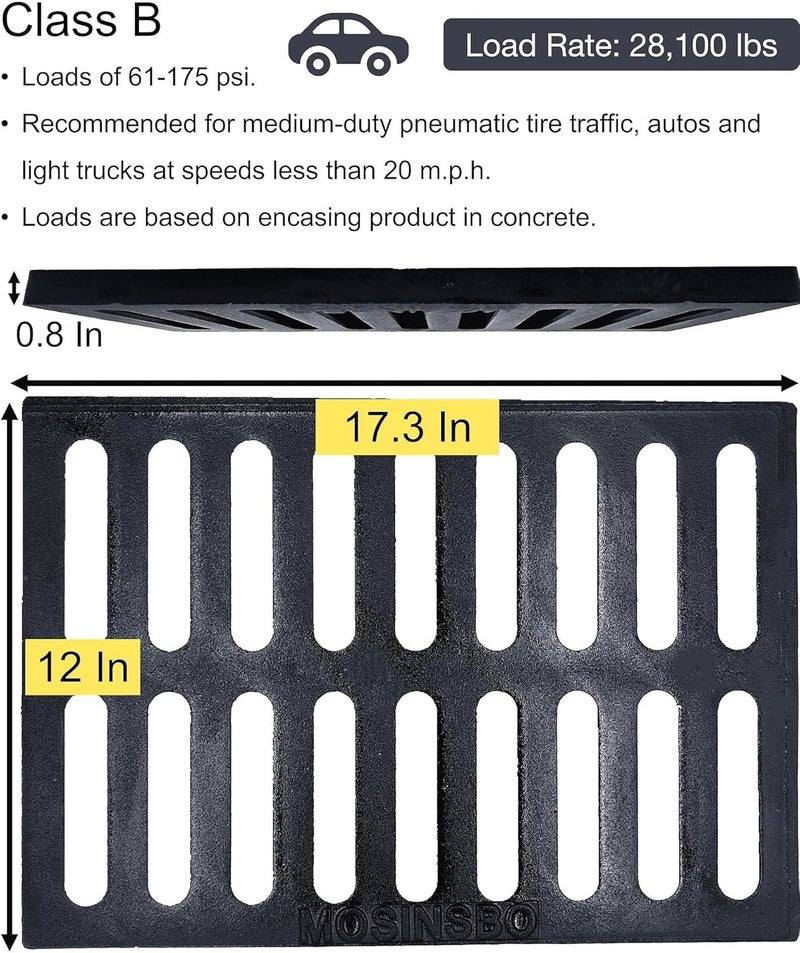 masslunt Cast Iron Drain Grate 17x12 in, B-Class 28100 lbs Heavy-Duty Driveway Channel Cover, Outdoor Trench Drainage Grate, Black Rectangle Metal Sewer Cover for (True 17.3x12) - Image 2